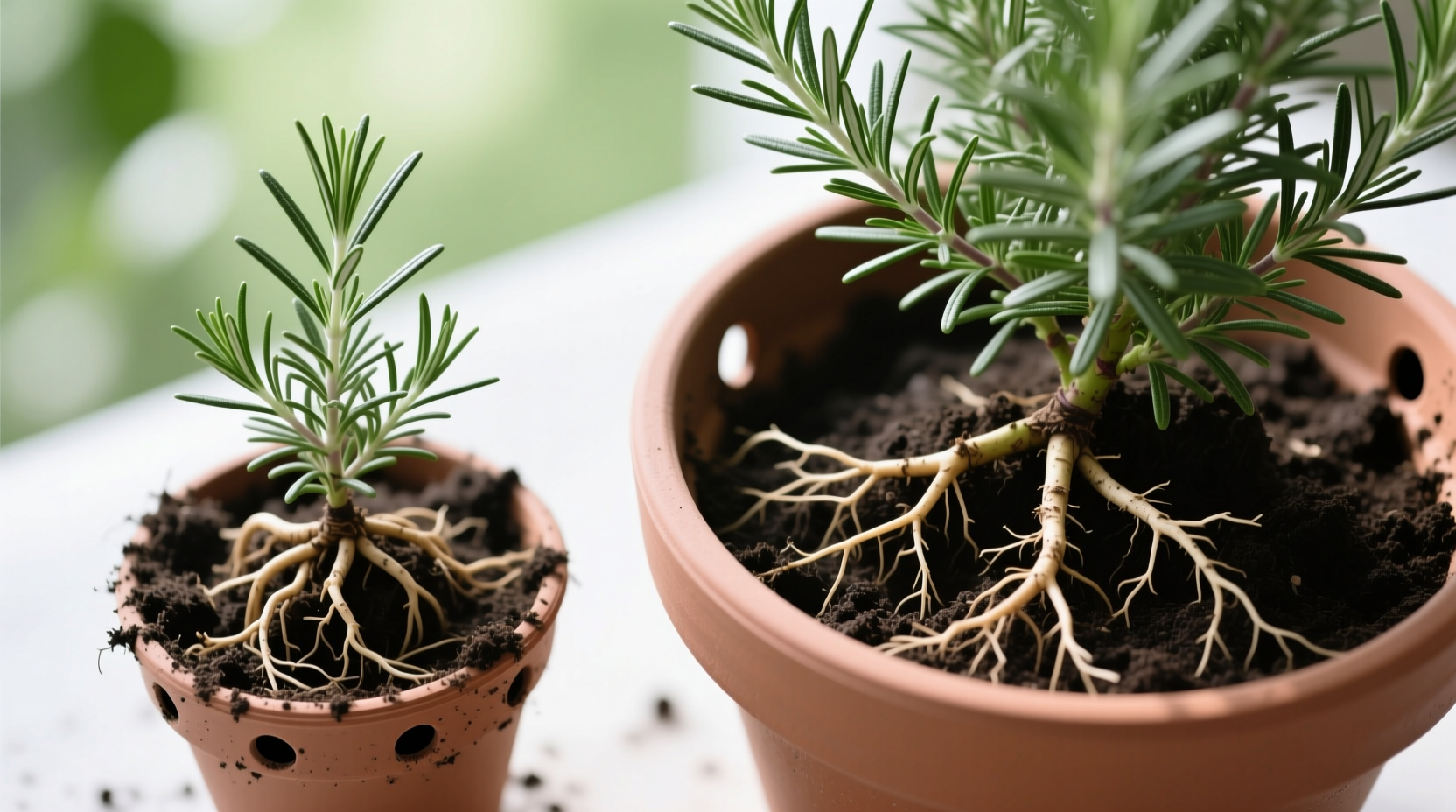 Spring container gardening showing root-bound rosemary in small pot versus healthy roots in appropriately sized container with drainage holes for planter success