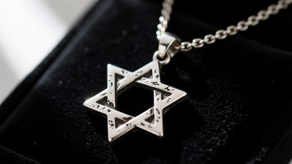 Close-up of a tarnished 925 sterling silver Star of David necklace on dark velvet, highlighting darkened crevices and worn chain.