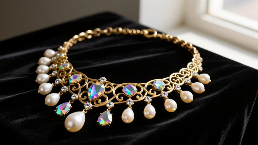 Vintage Florenza necklace with antiqued gold metalwork, baroque faux pearls, and aurora borealis rhinestones on dark velvet.