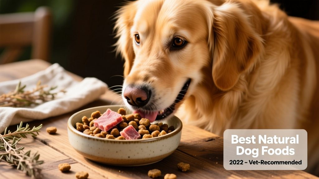 Close-up of a dog happily eating from a bowl topped with freeze-dried raw food morsels mixed into kibble