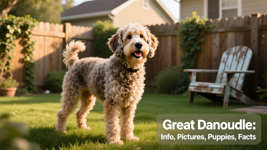 A friendly, medium-to-large mixed-breed dog with a wavy coat and expressive eyes, standing in a sunlit backyard
