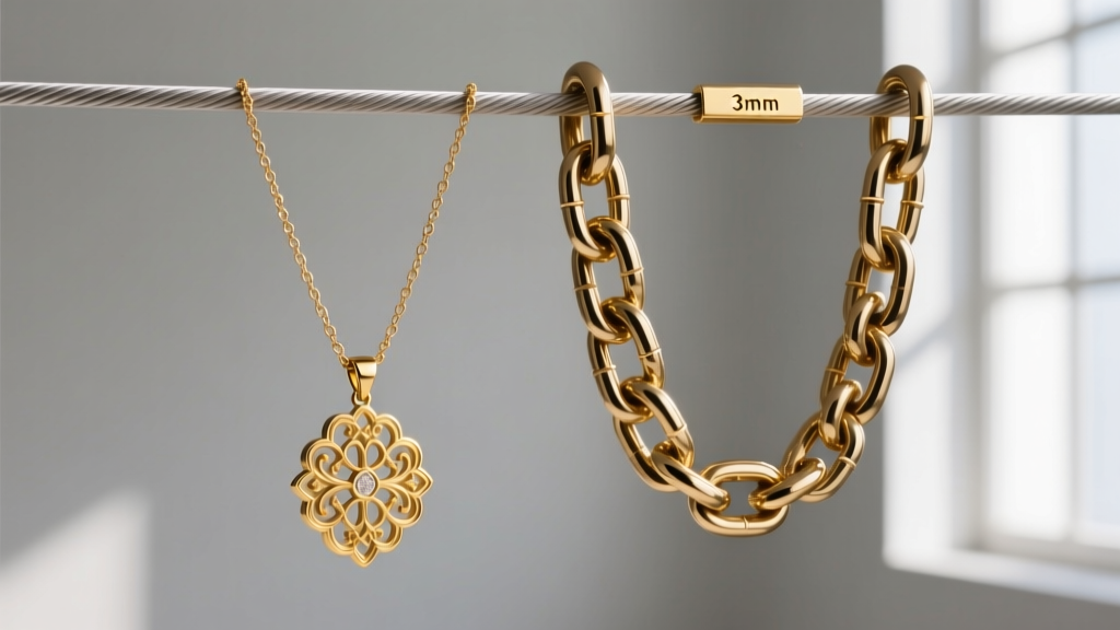 Comparison of a thin 1mm cable chain and a thick 3mm Franco chain, showing the ideal metal support for heavy custom gold pendants.