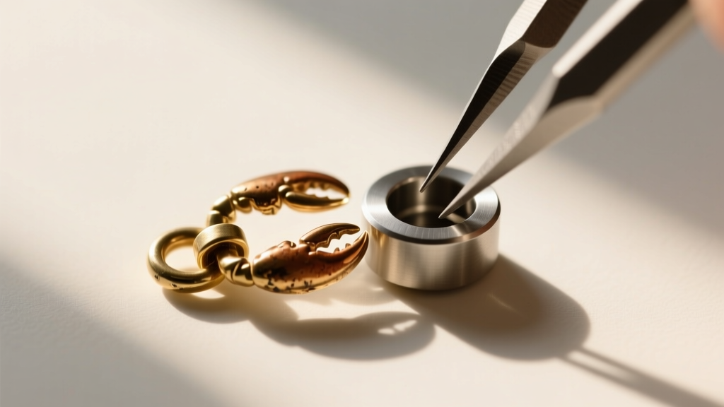 Macro photography of jewelry repair replacing a small brass lobster clasp with a heavy-duty stainless steel magnetic clasp.