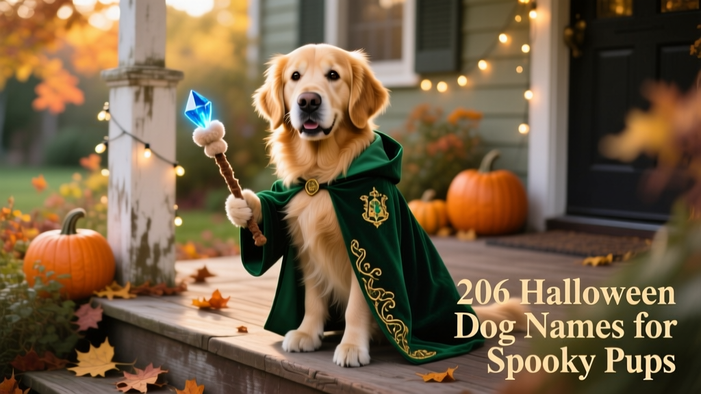 A golden retriever wearing a miniature wizard robe and holding a plush wand in its mouth