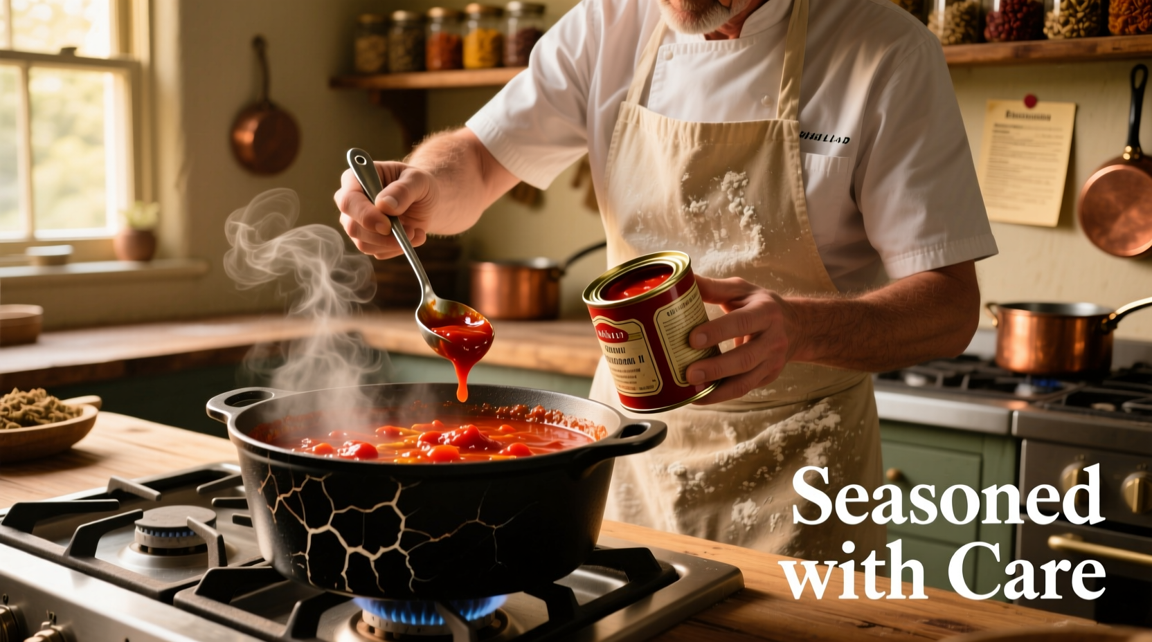 Chef measuring tomato paste into chili pot