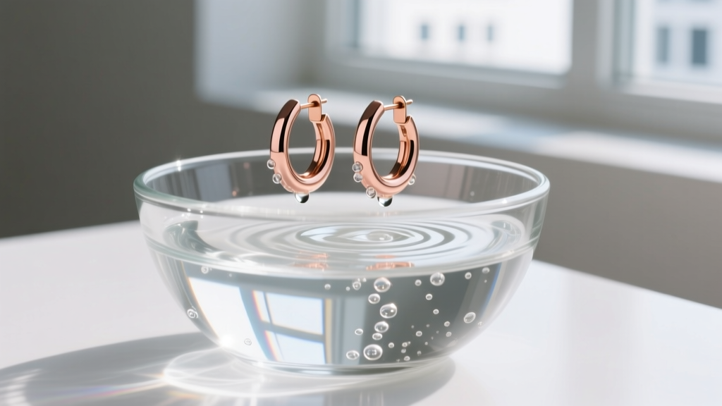 Rose gold PVD steel hoop earrings submerged in a clear glass bowl of water, illustrating safe cleaning methods for coated jewelry.