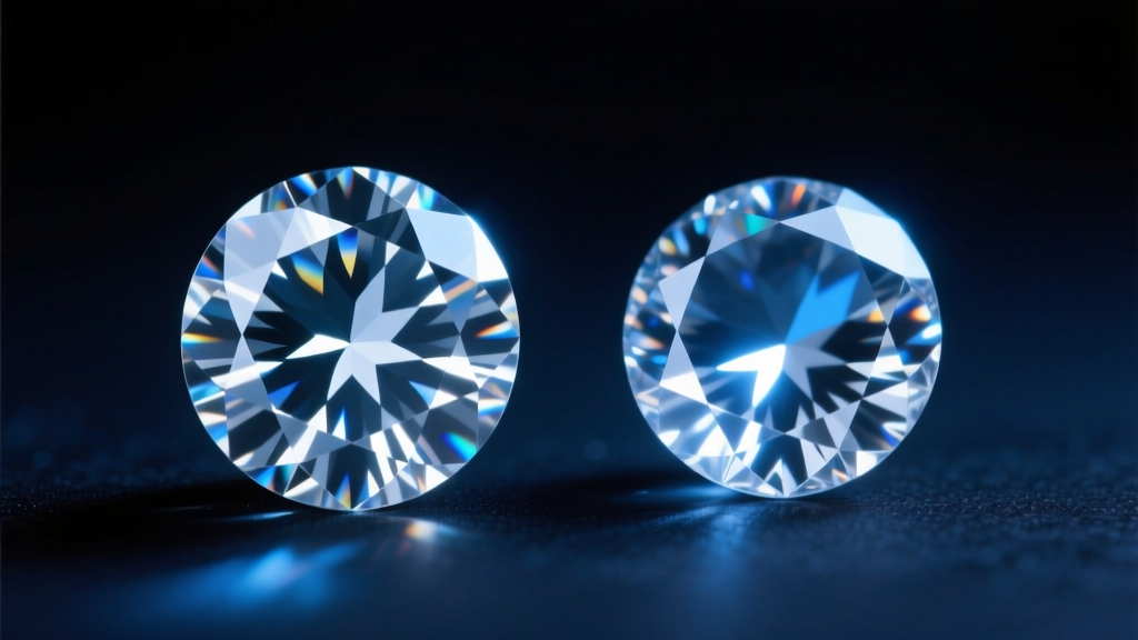 Macro of round moissanite and natural diamond under UV light showing double refraction lines, dark moody background, sharp focus.