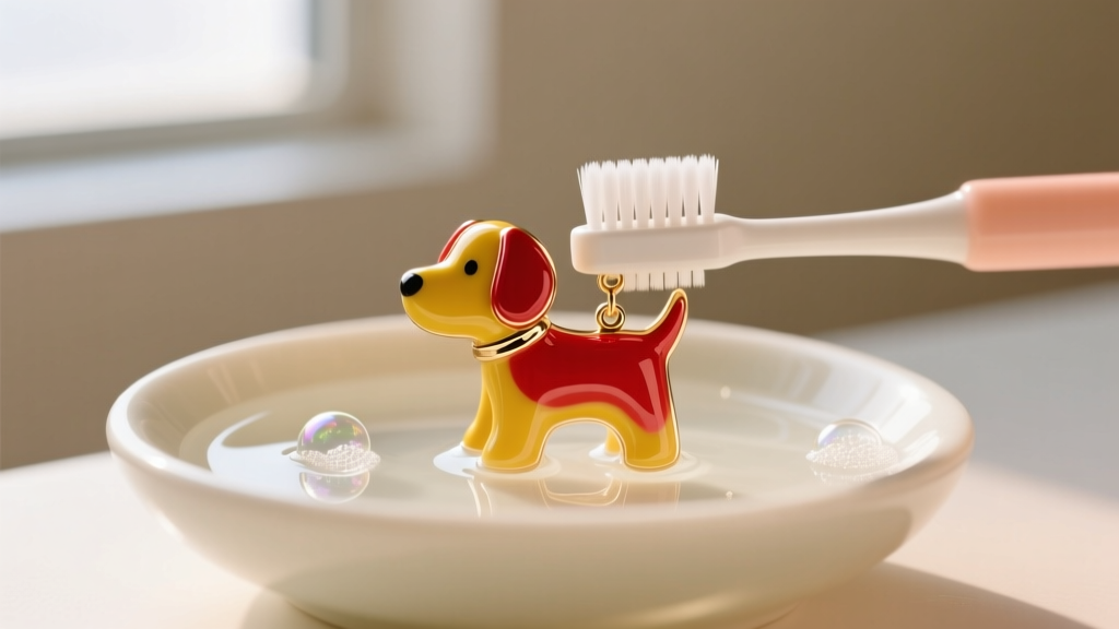 Soft baby toothbrush cleaning a vibrant red and yellow enamel dog earring in a shallow bowl of distilled water and mild soap.
