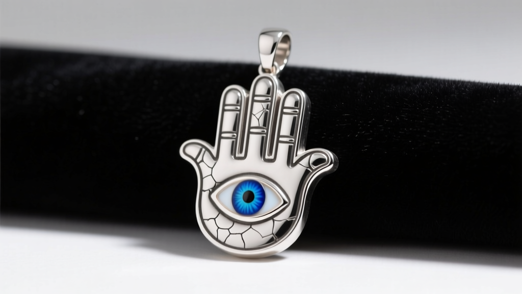 Sterling silver Hamsa hand pendant on dark velvet, showing blue enamel evil eye details in the center palm under soft studio lighting