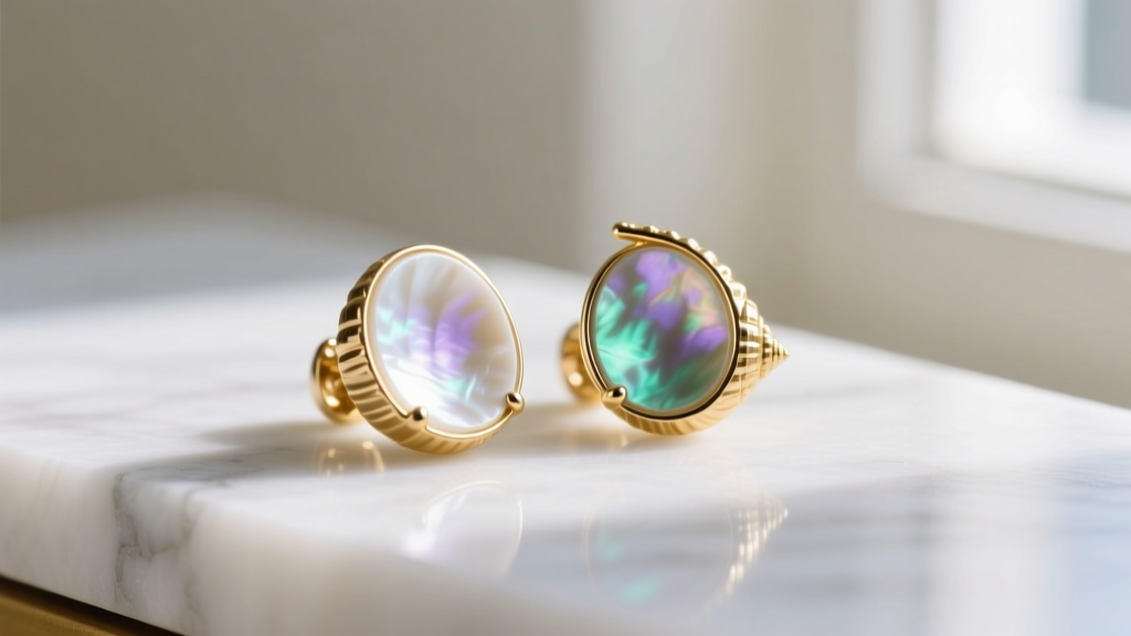 Macro shot of 14k solid gold seashell earrings resting on white marble, highlighting the iridescent mother of pearl inlay details