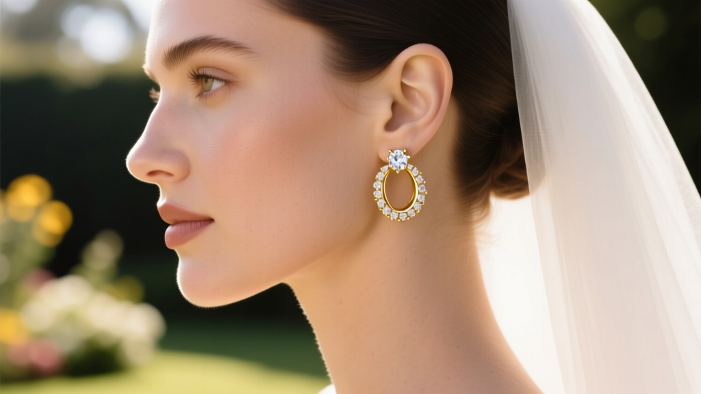 Side profile of a bride wearing 14k solid gold diamond huggie earrings, highlighting the earlobe and jawline in natural daylight.