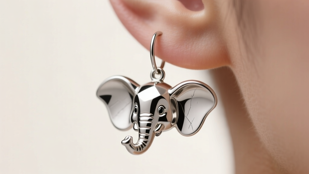 Macro shot of a sterling silver 3D Dumbo elephant drop earring hanging from a lobe, studio lighting, sharp focus on metal texture