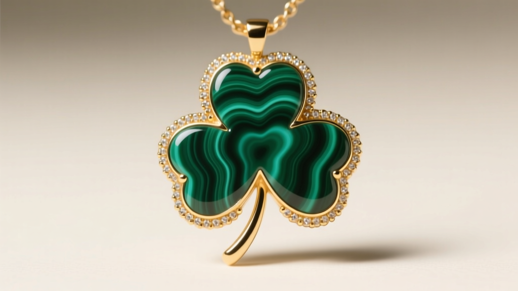 Macro shot of a clover necklace pendant showing natural malachite banding and a beaded 18k gold milgrain border in sharp focus.