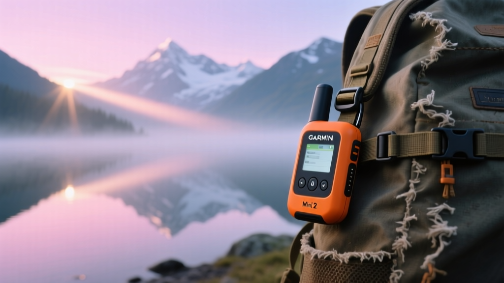 Orange Garmin inReach Mini 2 satellite communicator clipped to a fishing backpack strap against a misty alpine lake background.