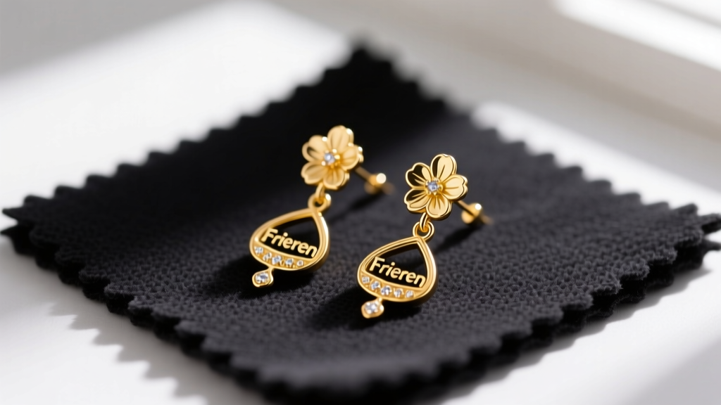 Macro shot of a gold-plated Frieren anime replica earring with floral drop details resting on a dark microfiber cleaning mat.