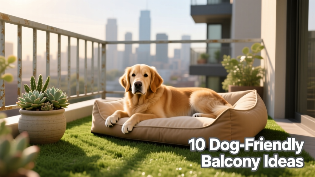 A cozy, dog-friendly apartment balcony with artificial grass, a small planter, and an outdoor dog bed
