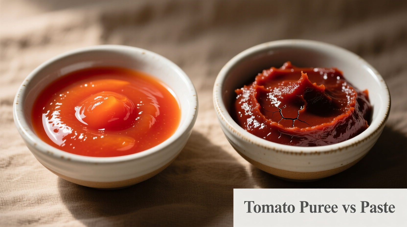 Close-up comparison of tomato puree and tomato paste in bowls