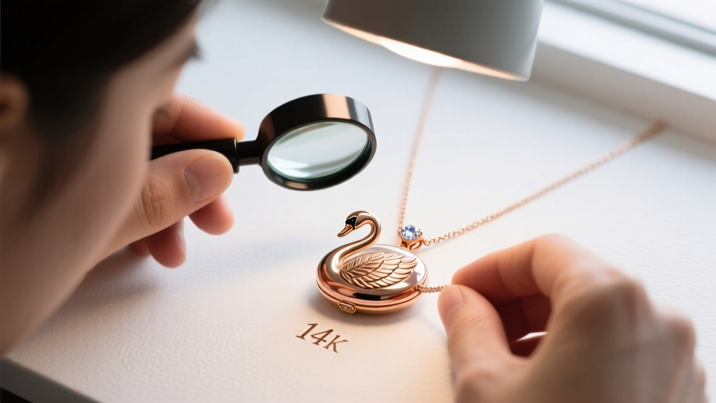 Jeweler inspecting the hallmark stamp on a 14k rose gold swan locket necklace under bright bench lighting using a jeweler's loupe