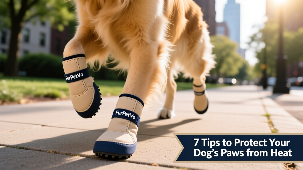 Close-up of a dog wearing well-fitted FurPetVo dog booties on a sunny sidewalk