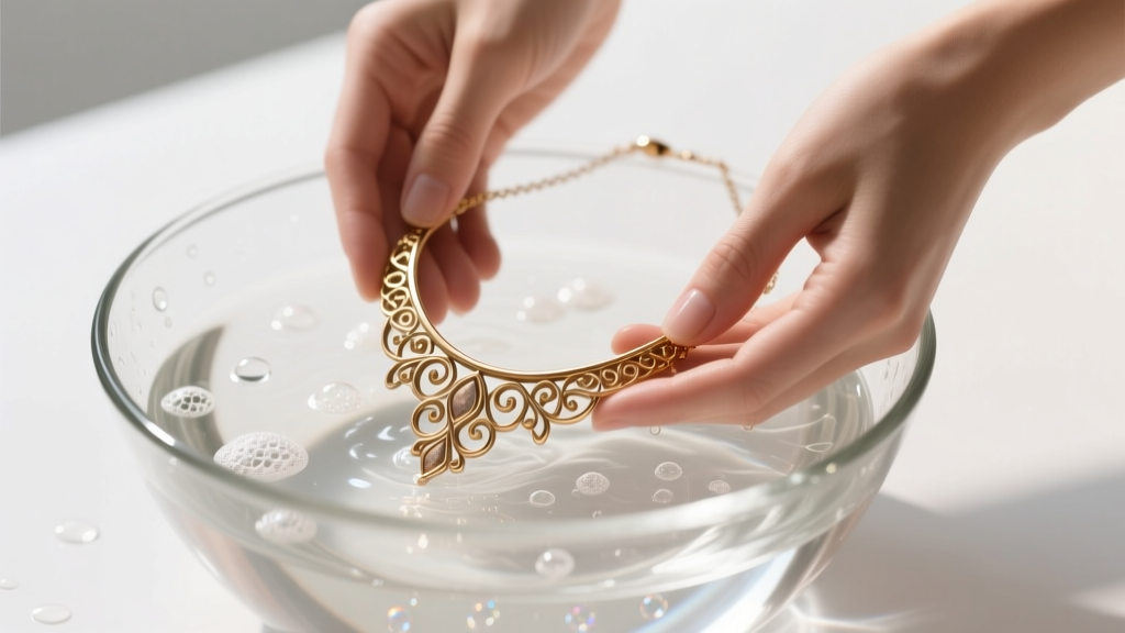 Hands gently washing a brass-based fashion necklace in a glass bowl of distilled water and mild soap, soft bright lighting.