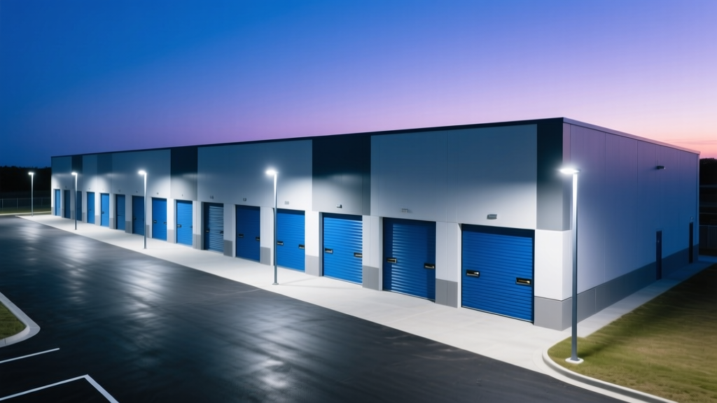Aerial view of a new single-story self-storage facility with blue roll-up doors, fresh asphalt, and modern LED security lighting at dusk