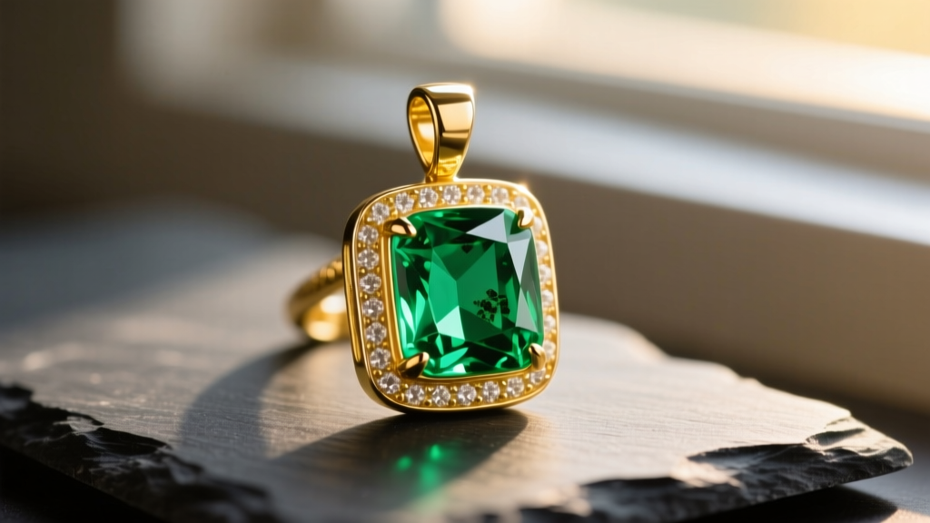 Close-up of a 2-carat Colombian emerald pendant in an 18k yellow gold bezel setting, resting on a dark slate surface in Boston.