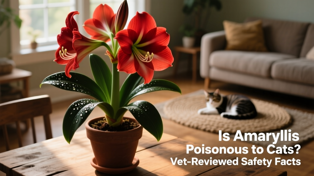 A potted amaryllis plant with large, trumpet-shaped red flowers and glossy green leaves