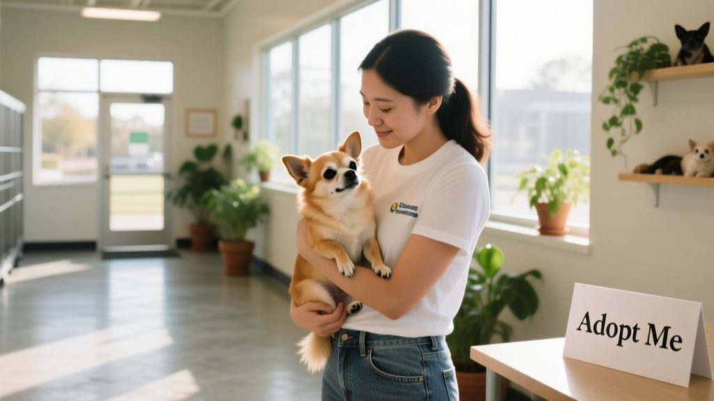 Volunteer at a clean, sunlit rescue facility gently holding a Chihuahua