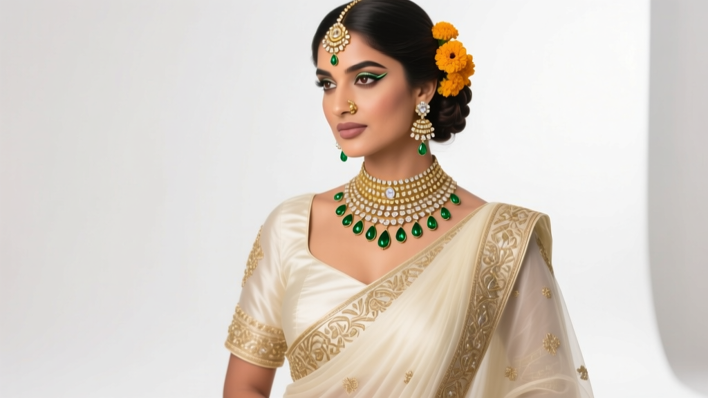 Elegant Indian bride wearing an elaborate 22k gold and uncut Polki diamond choker necklace with emerald drops, soft studio lighting