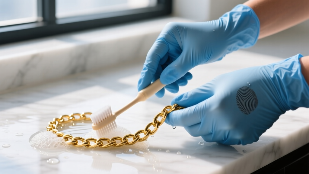 Hands wearing blue nitrile gloves gently scrubbing a delicate 18k gold figaro chain with a soft baby toothbrush and soapy water.