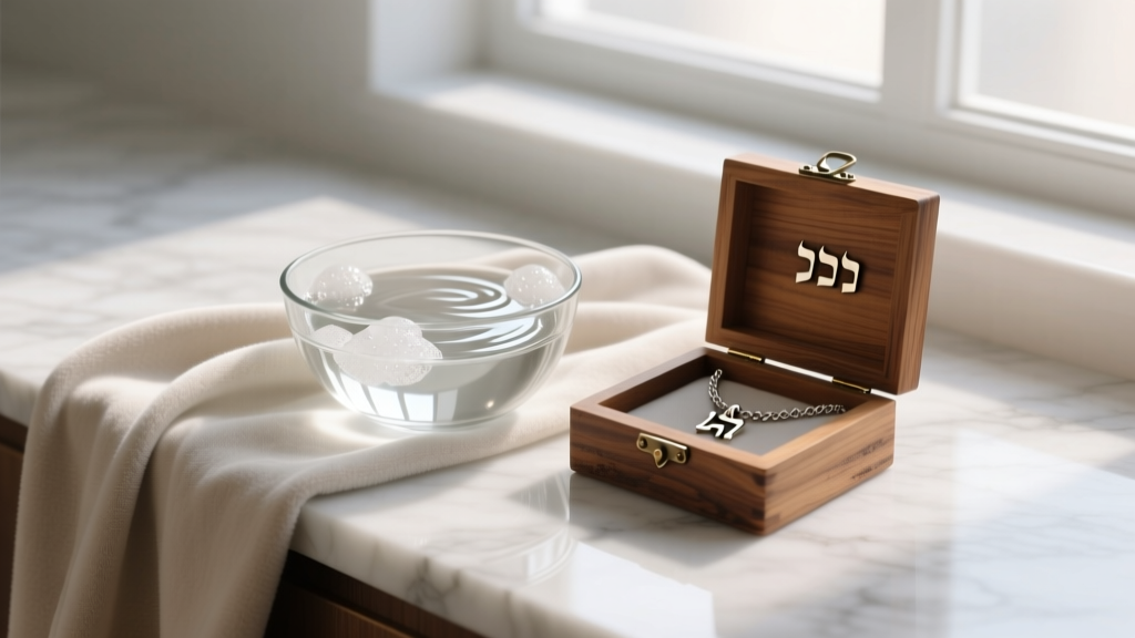 Soft microfiber cloth, soapy water in a glass bowl, and wooden box for a Hebrew Chai necklace arranged on a white marble surface.