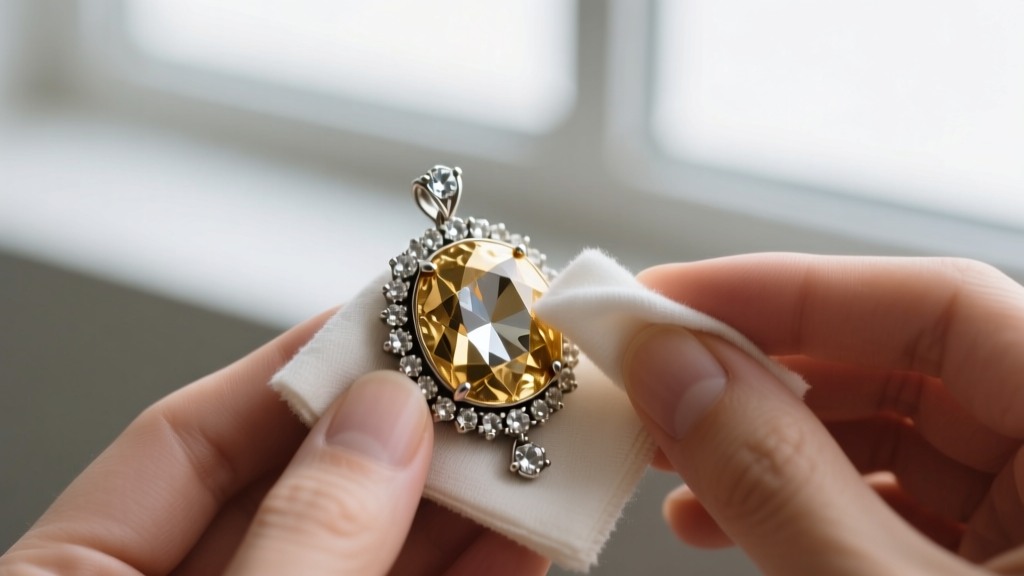 Jeweler wiping a foil-backed antique paste rhinestone pendant with a dry microfiber cloth, avoiding delicate silver prong settings