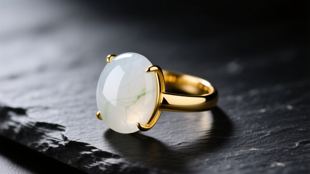 Macro shot of a polished white nephrite jade cabochon ring set in 18k yellow gold on dark slate, soft studio lighting