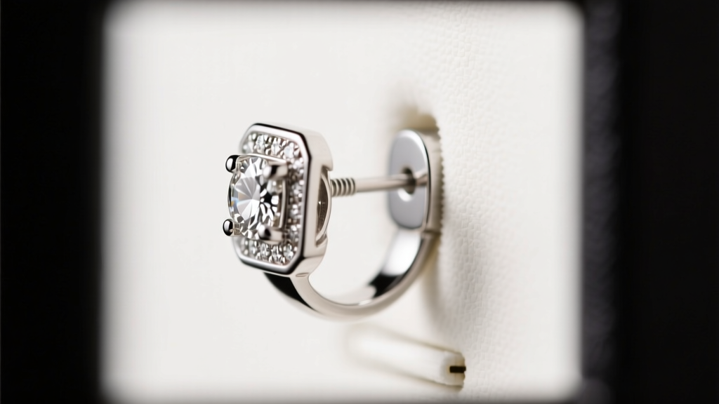 Side profile of a platinum guardian back on an earring post, showing the precise 0.6mm notch engagement depth and locking pin