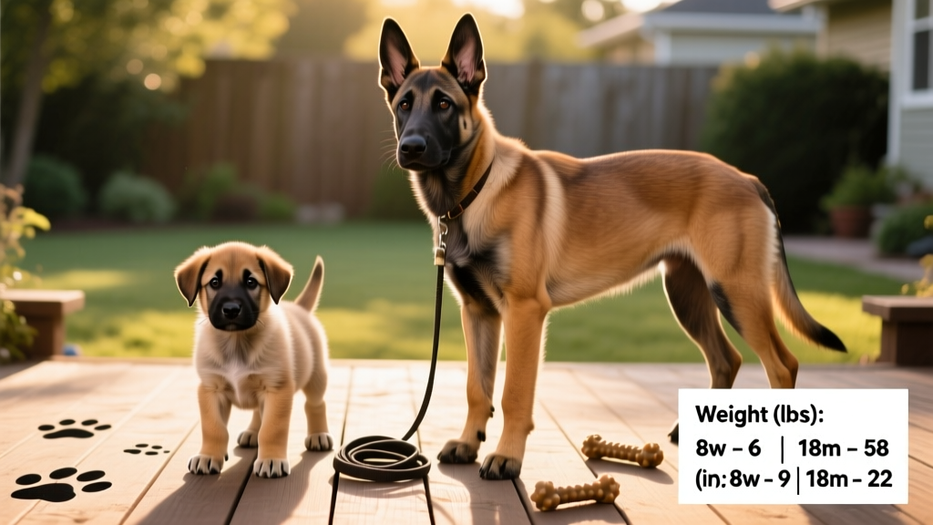 Side-by-side comparison showing a Belgian Malinois puppy at 8 weeks and the same dog at 18 months, highlighting proportional growth
