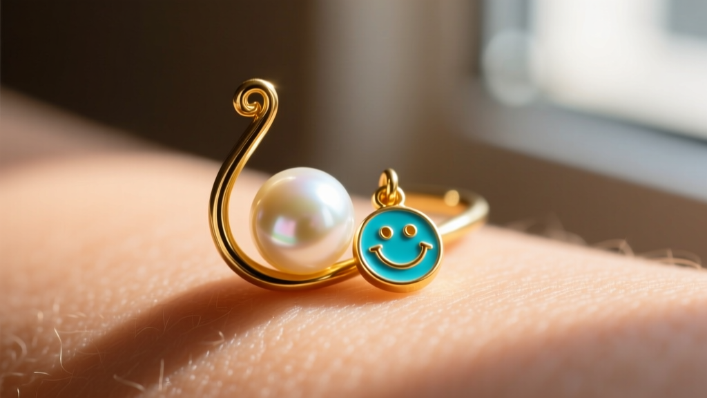 Macro shot of an 18-gauge gold vermeil fishhook holding a 9mm freshwater pearl and an enameled smiley charm against warm skin