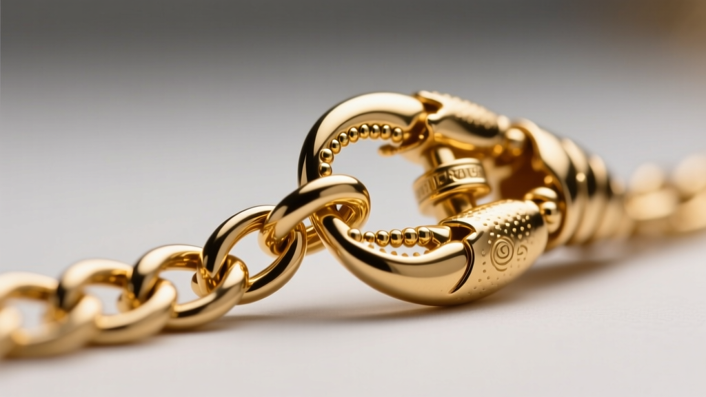 Extreme macro of a 4.2mm 18k gold Figaro chain link connecting to an oversized lobster clasp, highlighting precise solder joints.