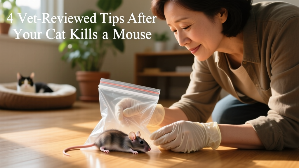 Person wearing gloves carefully placing a dead mouse into a sealed plastic bag