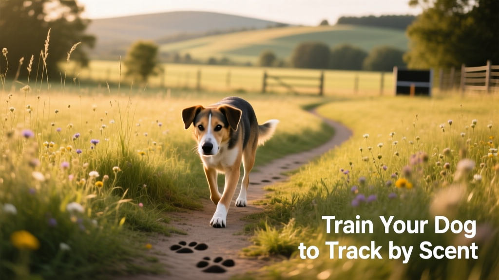 Dog walking purposefully along a curved scent trail in a sunlit meadow