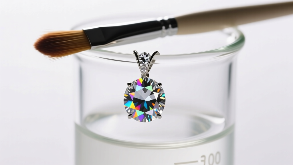 Cloudy moissanite pendant submerged in a glass beaker of mild cleaning solution, a soft-bristled brush resting on the glass rim.