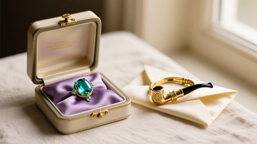 Vintage jewelry box displaying an aquamarine retro era brooch and gold gas-pipe bracelet nestled safely in individual silk pouches