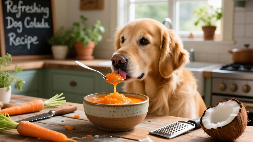 A golden retriever gently licking a spoonful of carrot colada from a bowl
