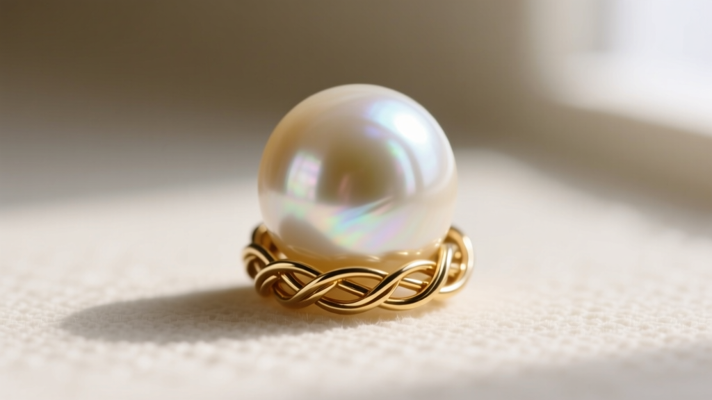 Macro shot of a baroque faux pearl showing matte Russian gold plated brass wire wrapping securely around the bead base