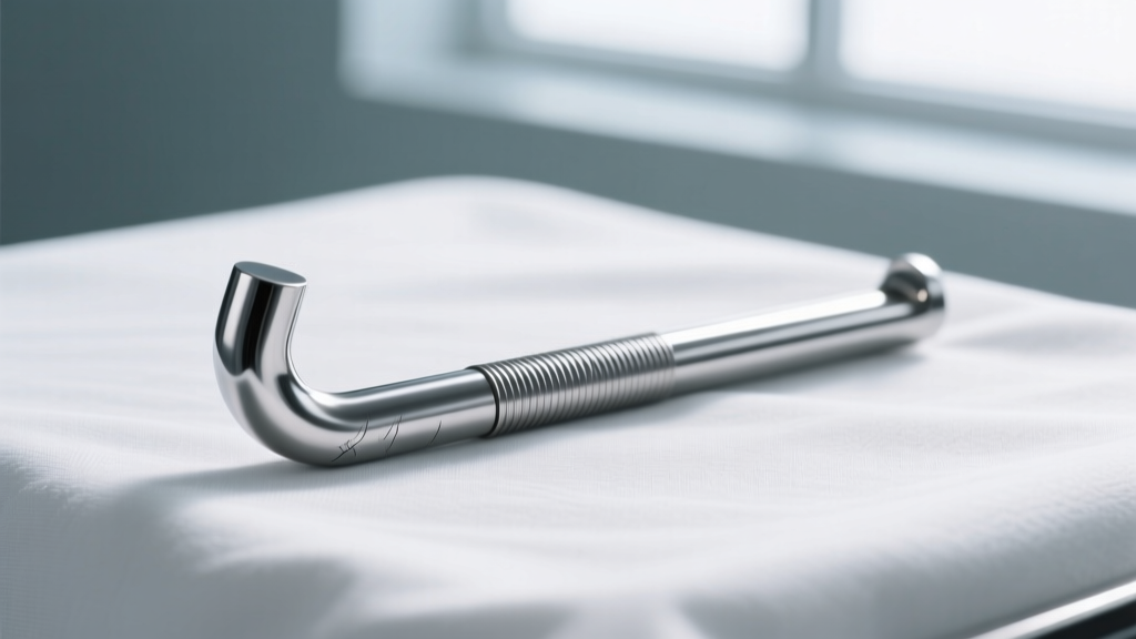 Macro photography of an implant-grade titanium surface staple bar with a 90-degree bend, resting on a sterile medical drape