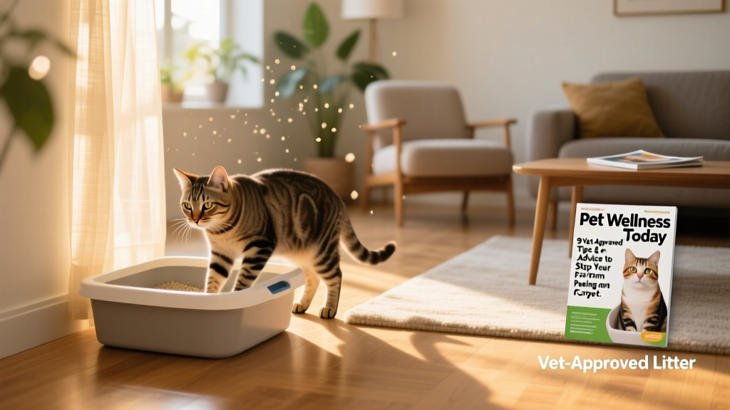 Cat calmly using a clean, open litter box in a sunlit corner of a living room