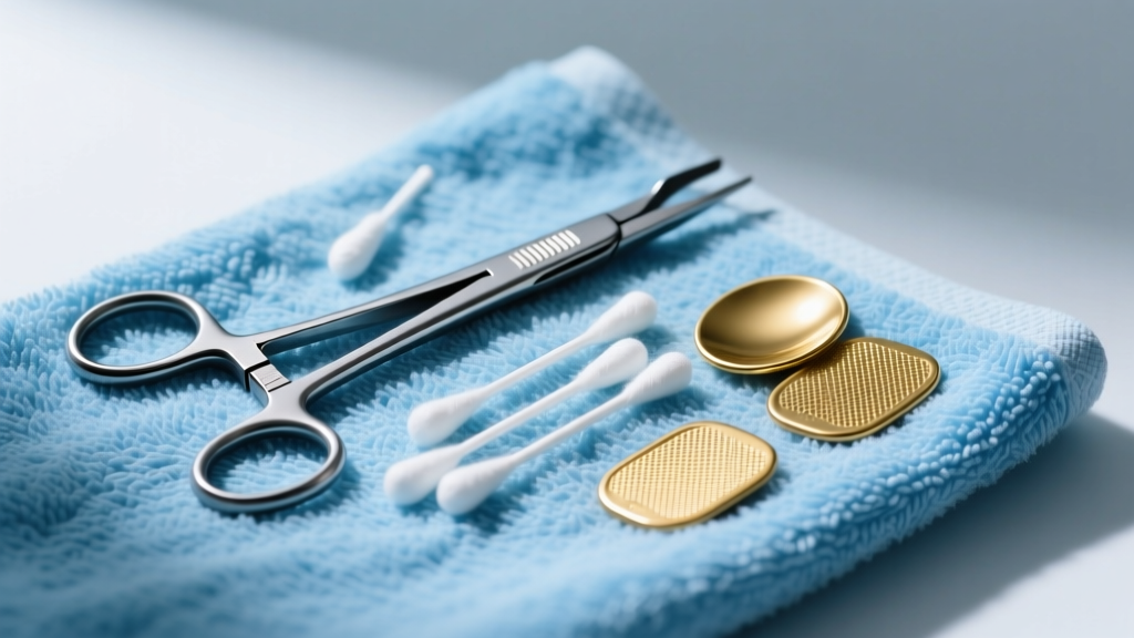 Sterile hemostat and swabs next to discarded gold friction backs on a clean blue towel under soft, diffused studio lighting.