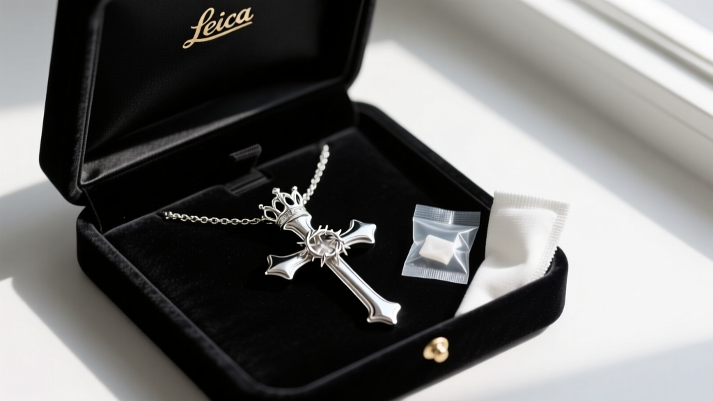 Velvet box holding a polished cross necklace with crown of thorns, resting next to a silica gel packet and a microfiber cloth.