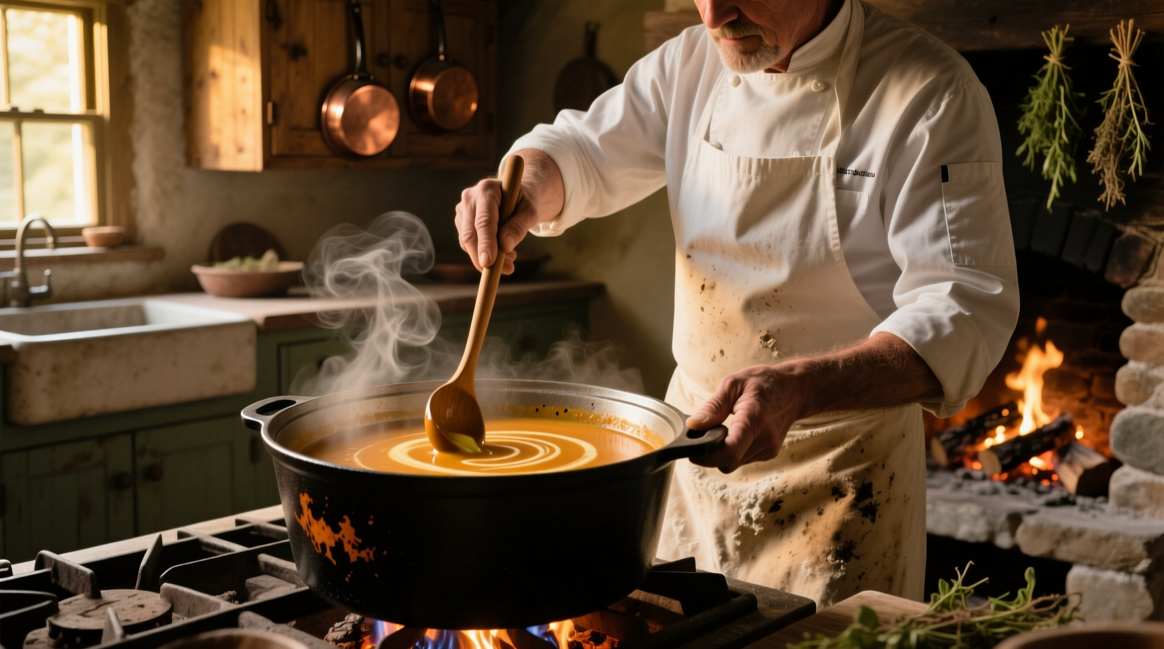 Chef stirring creamy potato soup in cast iron pot