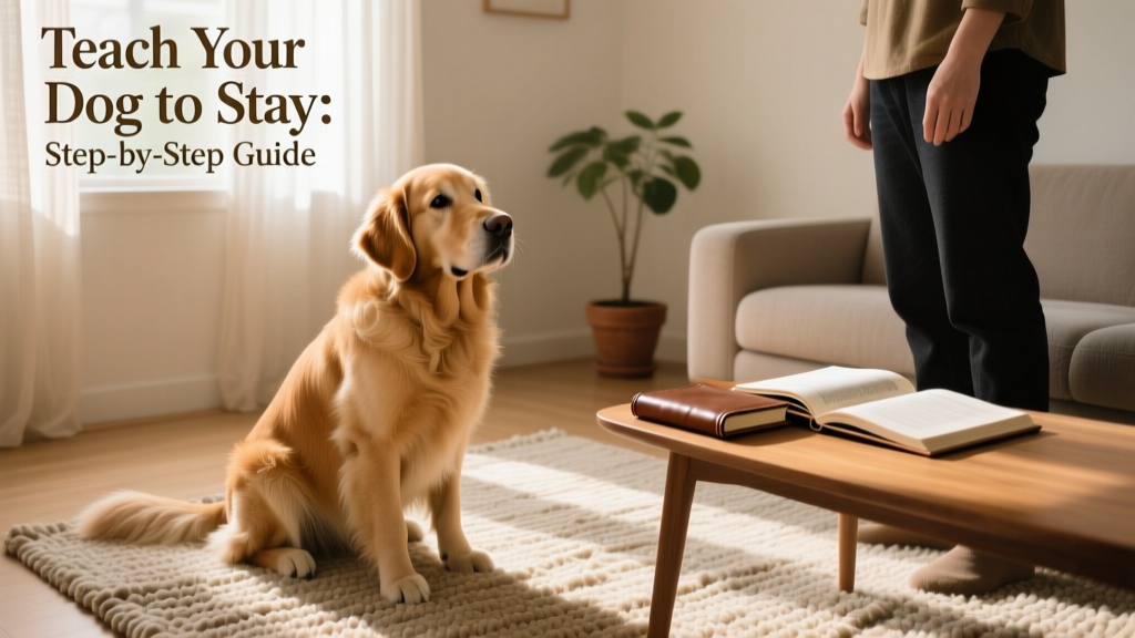 A calm dog sitting attentively on a rug in a quiet living room, looking at their owner