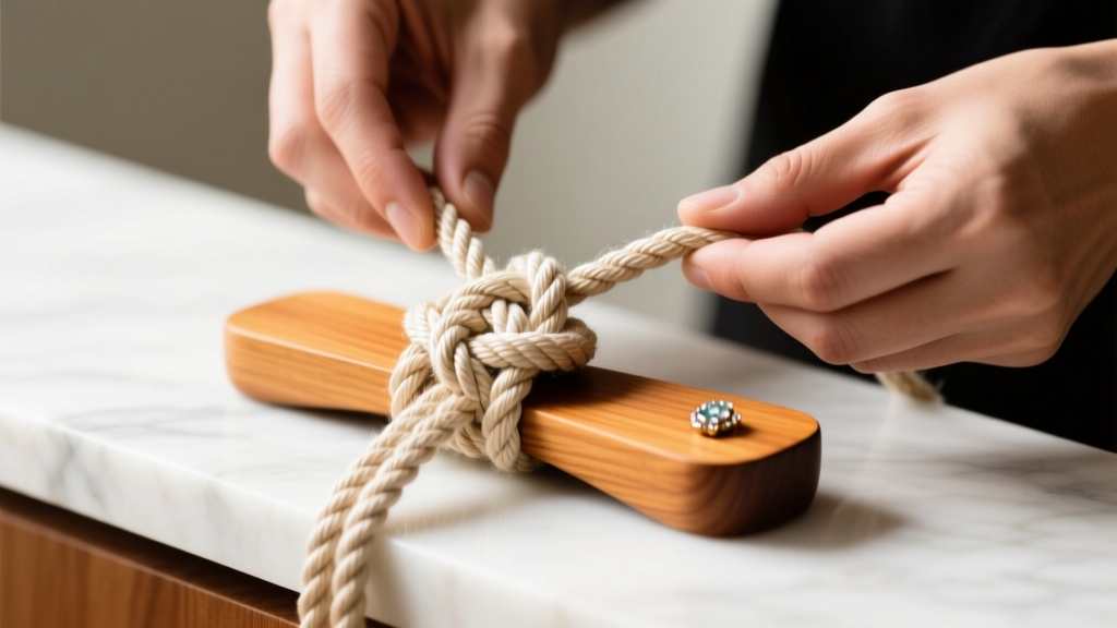 Tying a sliding macrame knot with waxed cotton cord, showing the over-under weave pattern on a bright wooden jeweler's workbench.